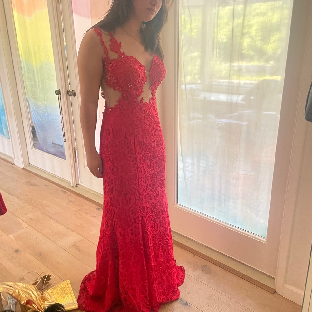 Temptations Red Backless Cut Out Prom Gown